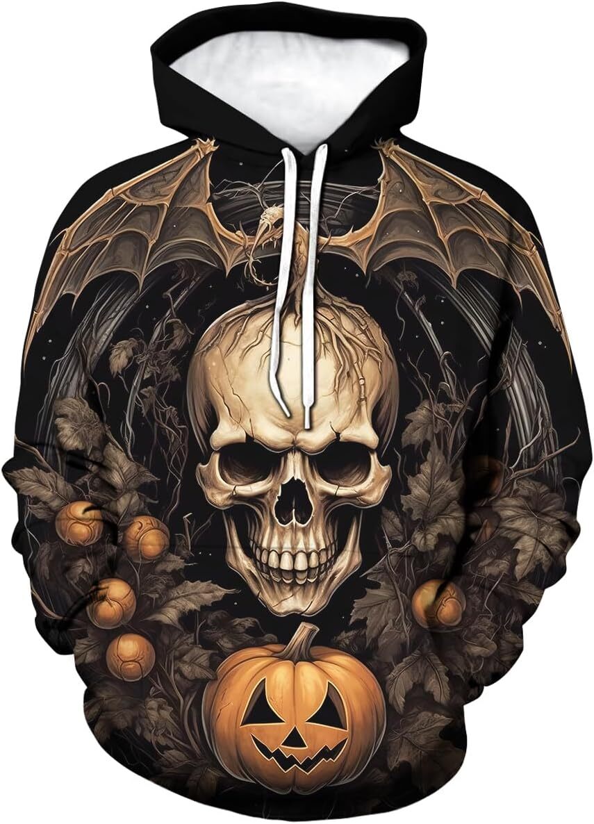 Hoodie for Mens Womens Men Halloween Skull Hoodie Psychedelic 3D Printing Skeleton Pumpkin Hooded Sweatshirts Pullover Graphic Hoodies sweatshirt Warm