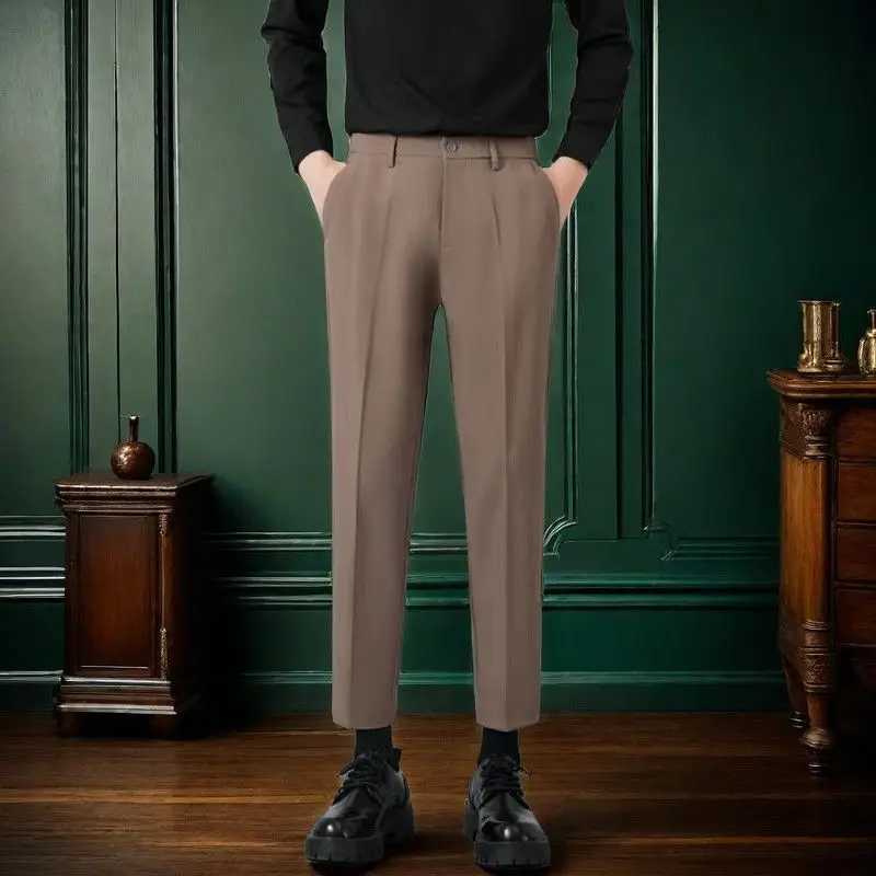 2024 New Spring and Autumn High End Fashion Business Casual High Waist Button Pocket Hanging Straight Crop Suit Pants for MenX241023
