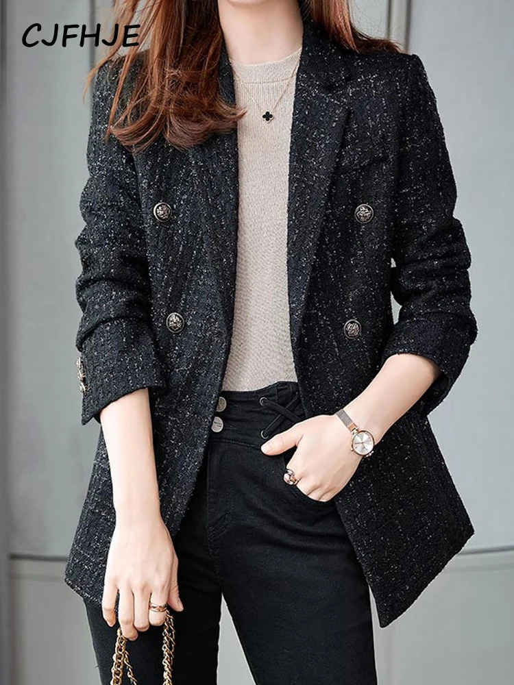 CJFHJE navy blue winter tweed jacket womens thick long sleeved button elegant womens jacket double chest coat 241023