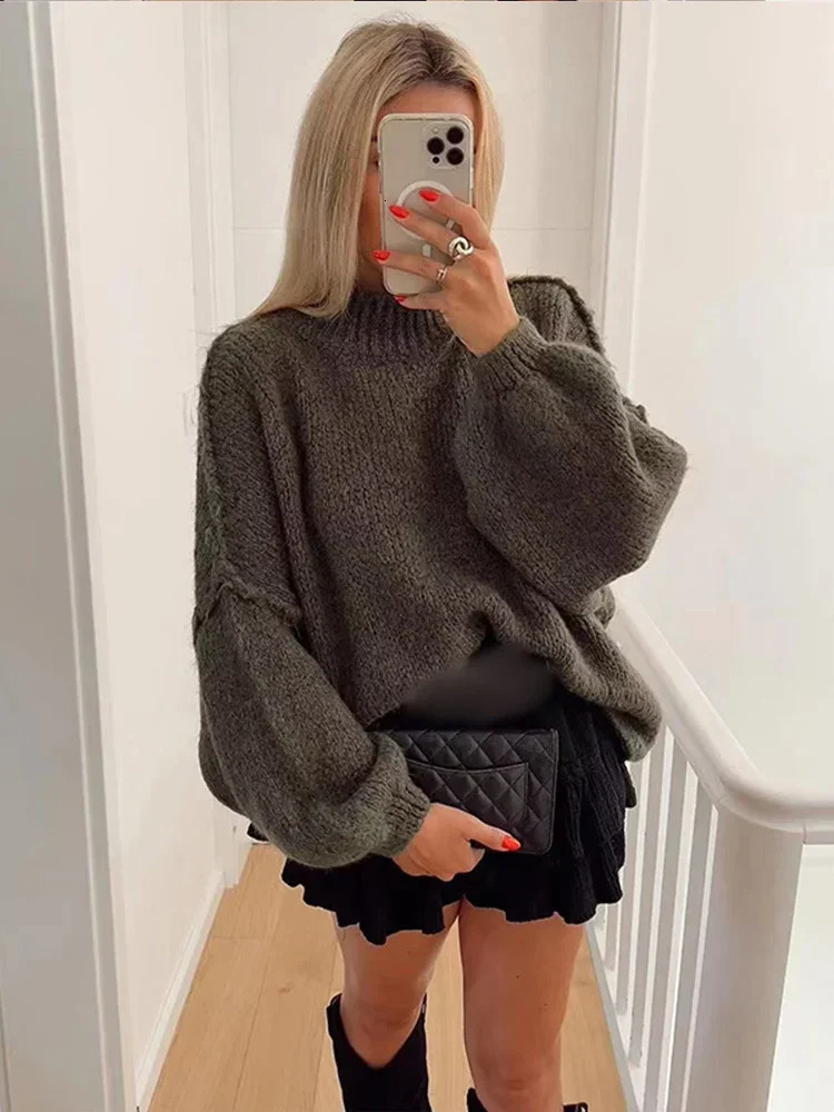 Casual Solid Knit Womens Sweater Lantern Sleeve Loose Lady Pullovers Spring Autumn Knitwear Thick Soft Warm Jumper Tops 241021