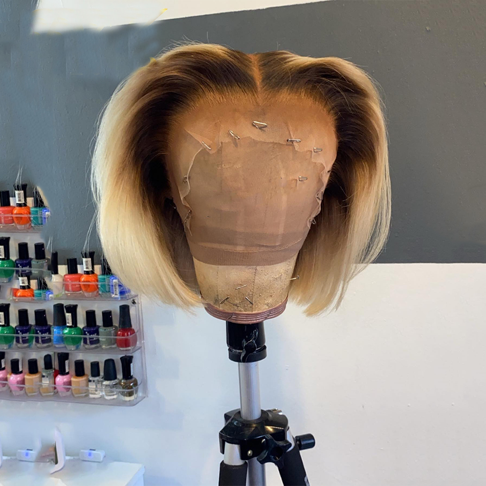 6T613 Balayage Short Bob Wigs Ombre Blonde Lace Front Human Hair Wigs Straight 180 Density 13x4 Lace Frontal Wig for Woman Gym