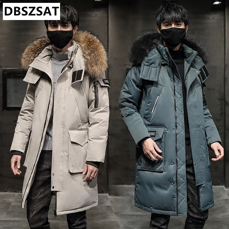 XKK 2025 Fashion Winter Coat Mens Fur Collar Thick Long Coat Mens Hooded Warm Loose Park White Duck Down Coat 241022