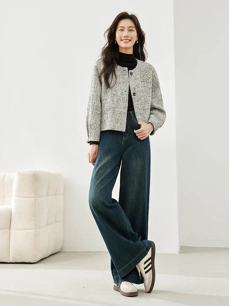 Vimly Plaid O-neck Cropped Coarse Felt Jacket Winter Thick Warm Loose Quilted Coat Office Womens Elegant Womens M5332 241023