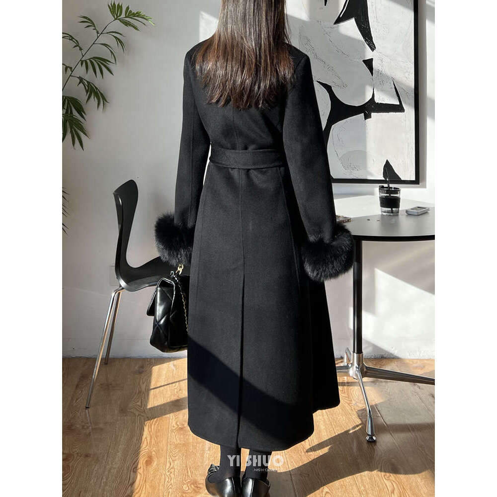 Rose Korean Double-Sided Cashmere Real Fox Fur Sleeve Black Double-Breasted Lapel Long Wool Coat Women