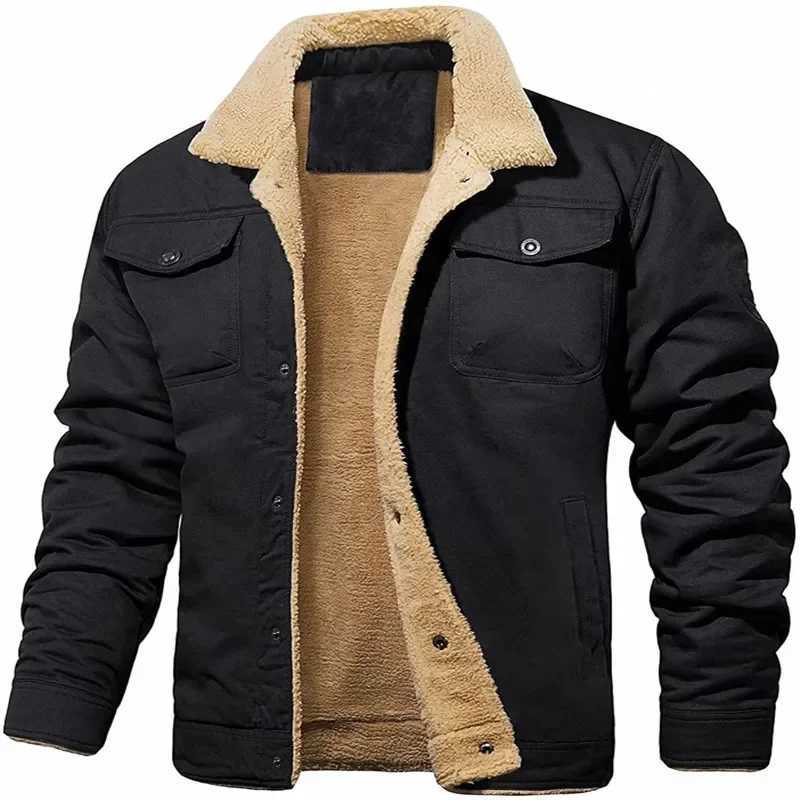 Winter mens thick warm cargo jacket with collar high-quality mens lining wool thick jacket mens bomber jacket American 3XL mens clothing X241023