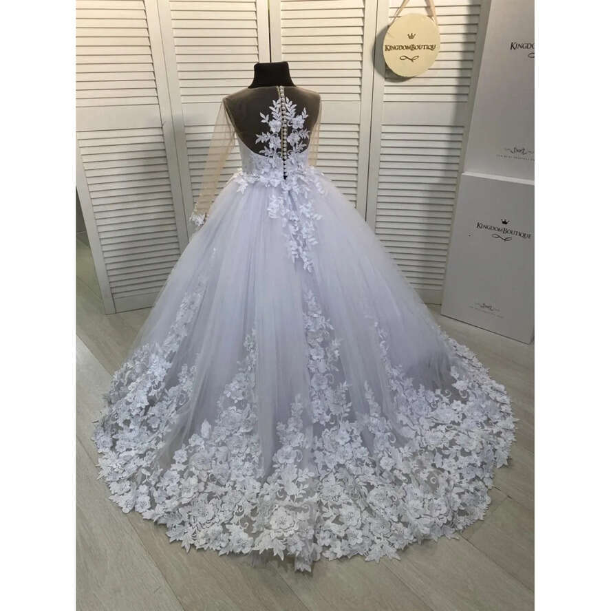 Wer Lace Princess Champagne Girl Dresses Sheer Sleeves Appliques Long Girls Pageant Gowns Formal Kids Birthday Party Communion Dress Custom Made Bc184