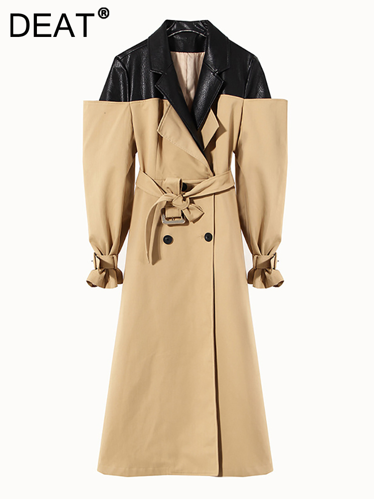 DEAT Autumn And Winter British Style Temperament Leather Contrast Color Windbreaker Women's 2024 Double Breasted 7Z246