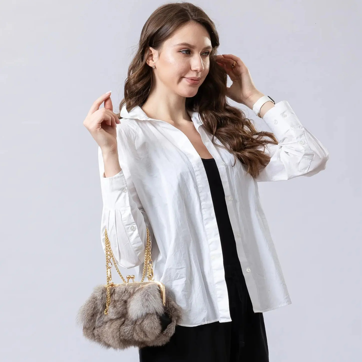 Real Fox Fur Handbag Purse 2024 Beautiful Fashion Party Korean Womens Buckle Cross Body Bag Evening Bag 241023