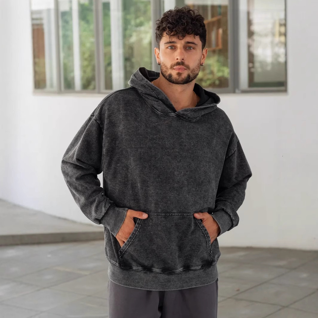 Men's hoodie, wax printed heavy-duty circular hooded sweatshirt, water washed outfit, loose and fashionable couple's top