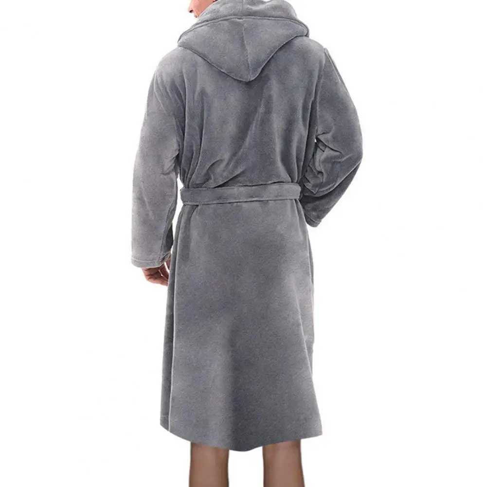 Solid color with flannel bathrobe hooded pocket warm mens pajamas long and thick absorbent looped bathrobe W241023
