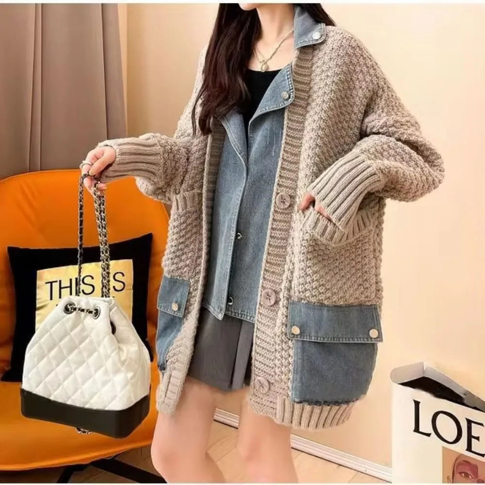 Autumn Winter Womens Splicing Denim Jacket Womens Long Sleeve Jeans Jacket Womens Loose Sweater Cardigan Jacket 241022