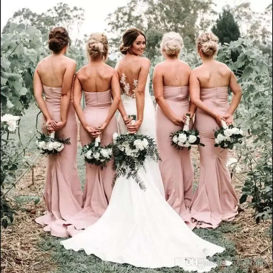 Pink Sweetheart Blush New Satin Mermaid Bridesmaid Ruched Or Length Wedding Guest Long Maid Of Honor Dresses Bm0732