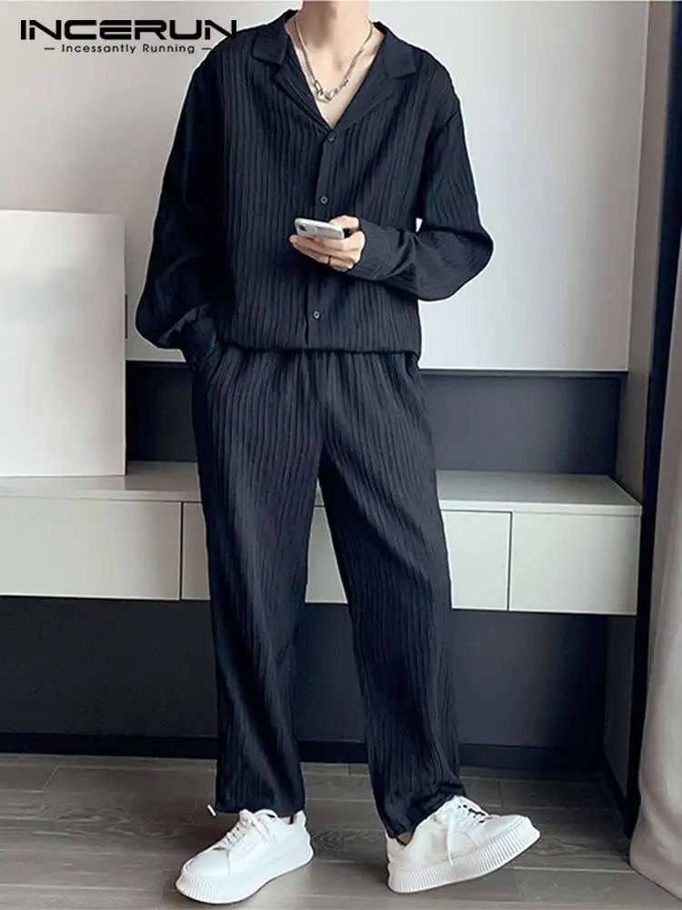Fashion casual style mens INCERUN selling long sleeved mens striped set 2-piece S-5XL 241023