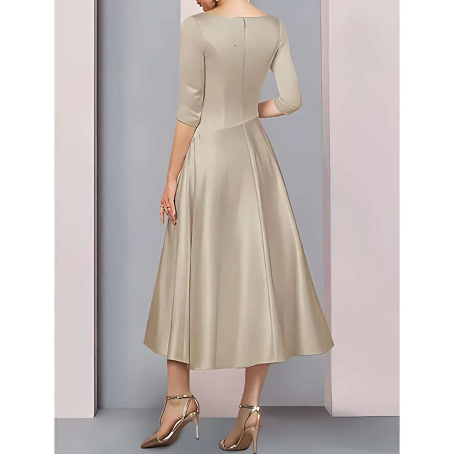 Sleeve Of 3/4 Vintage Bride Groom Tea Length A E Satin Dresses V Neck Zipper Back Mother Formal Party Gowns Bm5005