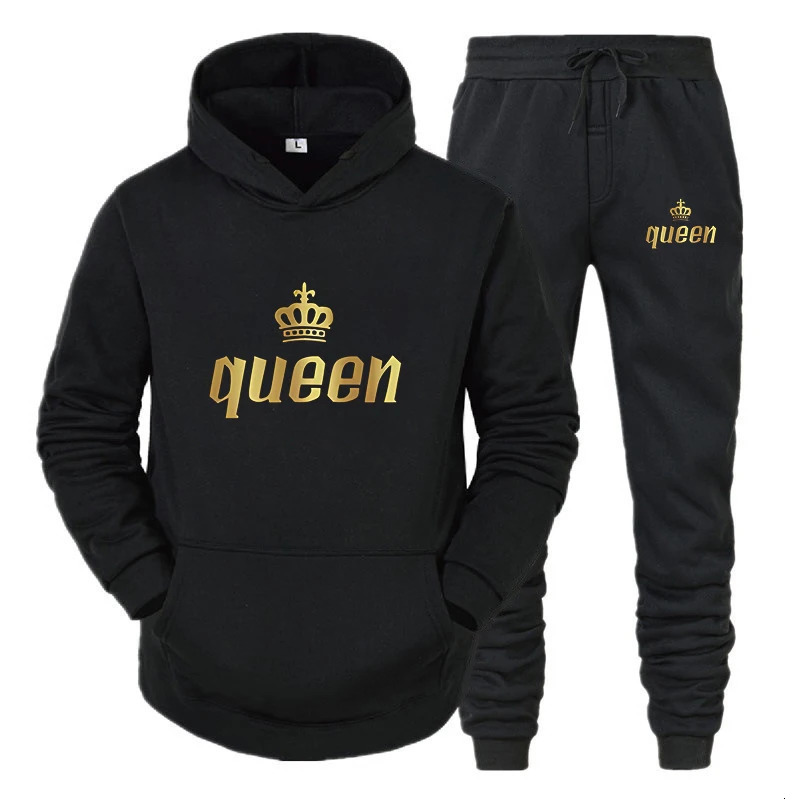 Fashion long sleeved king and queen printed hoodie set for autumn and winter couples 2-piece set of hoodie and pants 241023
