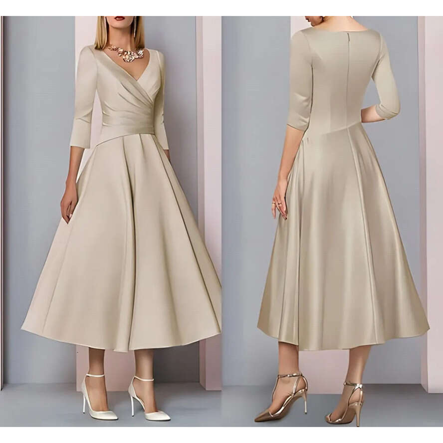 Sleeve Of 3/4 Vintage Bride Groom Tea Length A E Satin Dresses V Neck Zipper Back Mother Formal Party Gowns Bm5005
