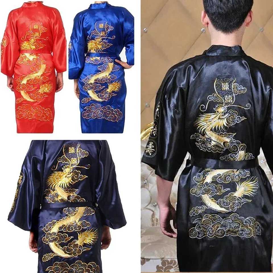 Silk kimono bathroom designed by Chinese Loong mens spewear dress satin fabric navy/red/white/black/blue W241023