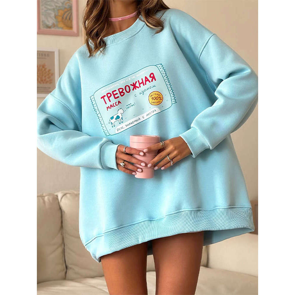 High end Warm Printing Sweatshirt Loose Round Neck Oversized Chic Women s Hoodies Trendy Casual Autumn Winter Office Lady Pullover Hoodie Caual