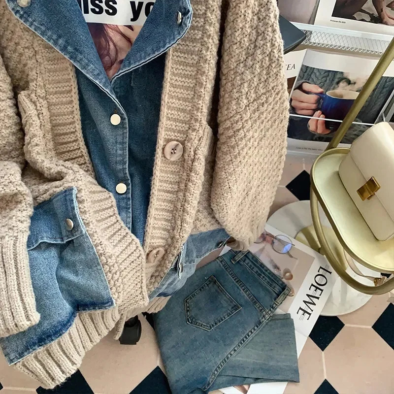 Fat mm200 Pounds Vintage Denim Patchwork Sweater Coat ins Fashion Woman Autumn and Winter Thickened Loose Niche Cardigan 241021