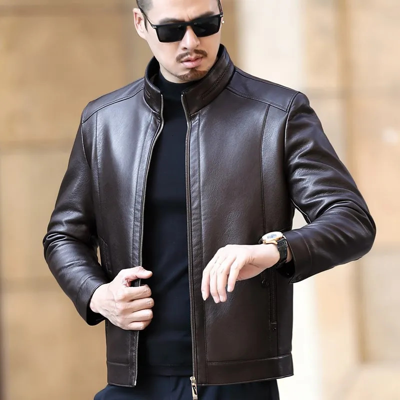 Natural leather jacket mens stand up collar business casual fur one-piece mens soft SE plush lining warm jacket 241023