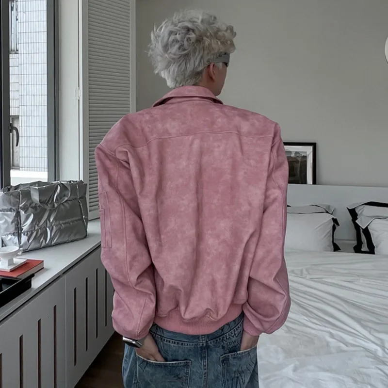 Mens Cropped PU Leather Jacket Fashion Turndown Collar Gradient Color Retro Coat Zipper Motorcycle Outwear Spring Pink 241010