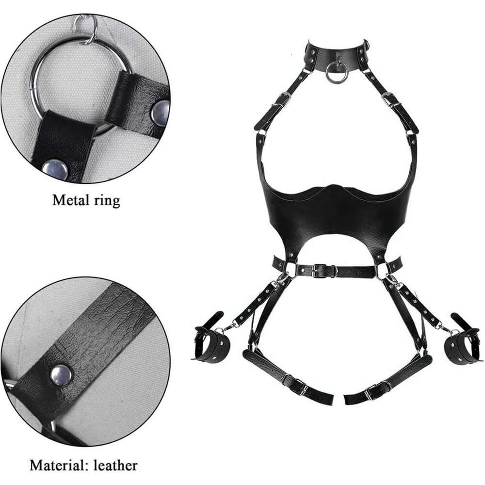 Sex Bondage BDSM Kit Restraints Set, Adjustable Restraint Harness Kit with Leash Wrist Cuffs and Waist Garter Belt Full Body Harness