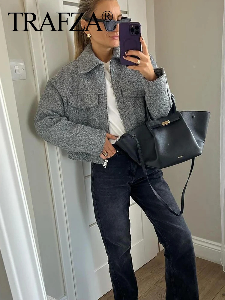 TRAFZA vintage womens solid tweed cut jacket with pockets long sleeved lapel open top jacket womens street jacket 241023