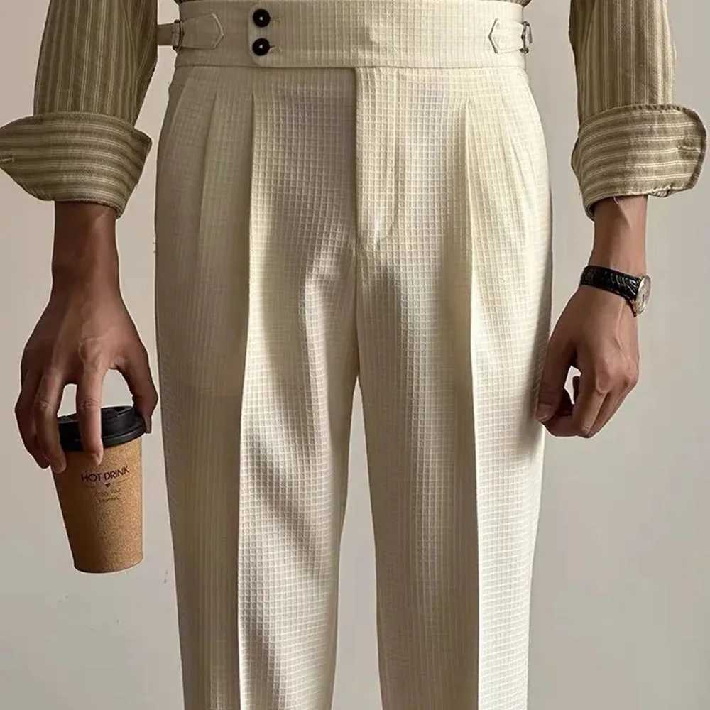 Mens Pants Suit Business British Office Casual Dress Pants Wfle Texture Chic Buckle High Waist Suit Pants Summer Mens ClothingX241023