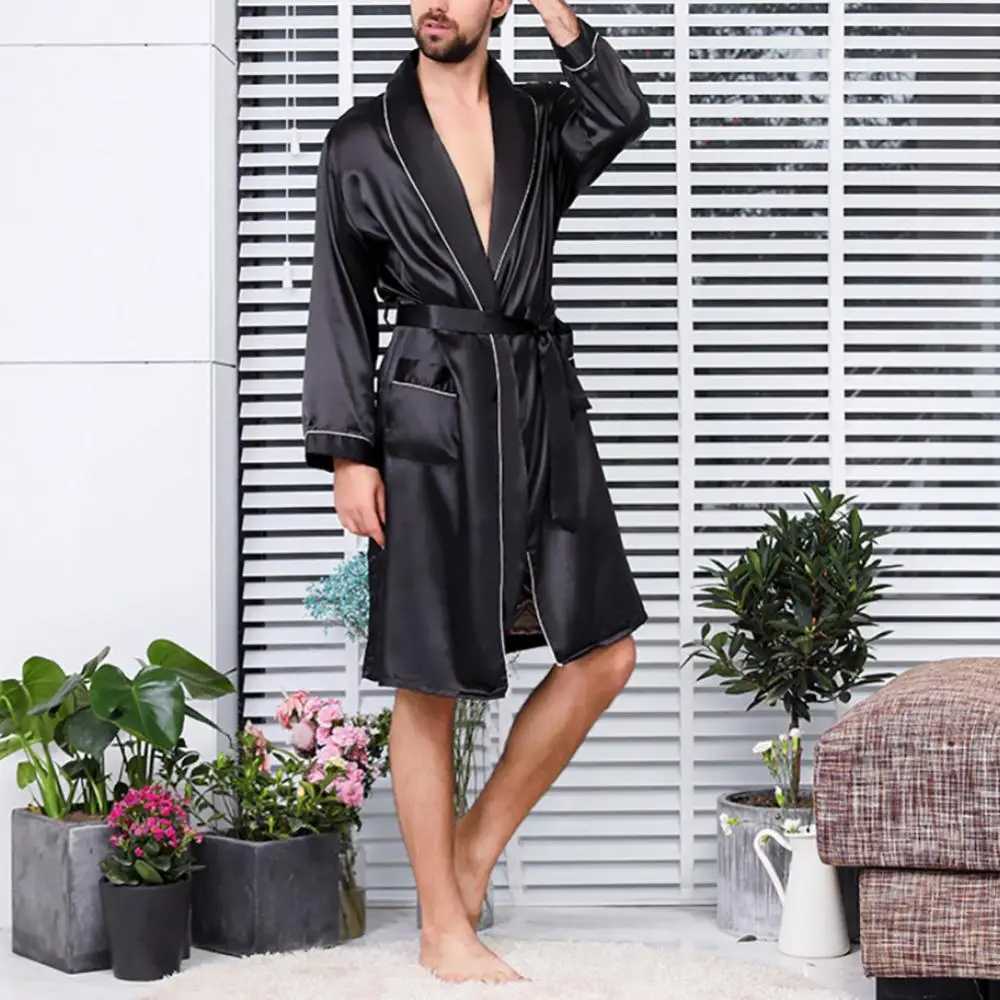 Spwear pocket mens summer imitation silk with waist bathrobe home textile W241023