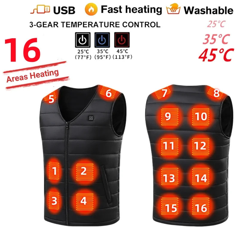 16 zone V-neck vest Usb intelligent vest mens and womens self heating sleeveless jacket winter down cotton jacket 7XL 241023