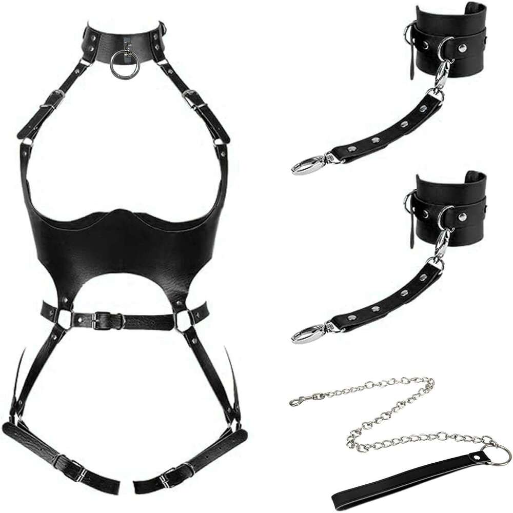 Sex Bondage BDSM Kit Restraints Set, Adjustable Restraint Harness Kit with Leash Wrist Cuffs and Waist Garter Belt Full Body Harness