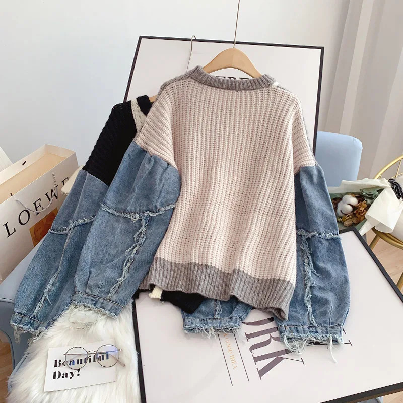 Denim woven spliced long sleeved O-neck Mohier knitted jumper womens loose womens sweater top womens clothing fashion 241022