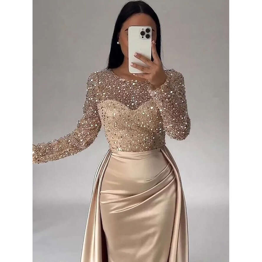 Vintage Long Arabic Dubai Sleeve Evening Dresses With Detachable Skirt Champagne Sier Mermaid Sparkle Sequined Women Ocn Party Gowns Bc