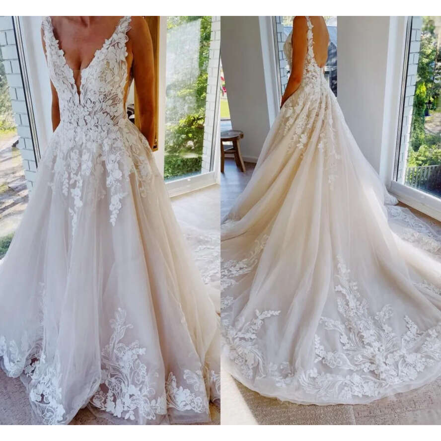 Modern Lace Wedding Dresses A Line Tulle Backless V Neck A Line Bohemian Bridal Gowns With Appliques Ruffles Robe De Maraige Bc14398