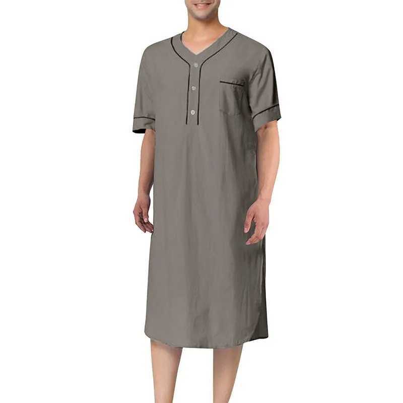 Summer mens casual short sleeved V-neck pajamas fashionable home clothes loose and comfortable solid color high-end night light S-3XL W241023