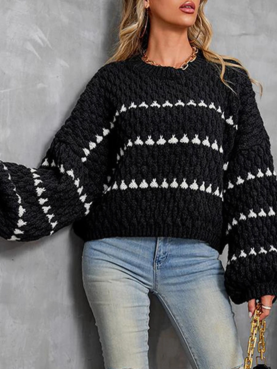 Sweaters for Women Long Sleeve Striped Oversized Trendy Casual Crew Neck Knitted Tops Pullover Jumper 241029