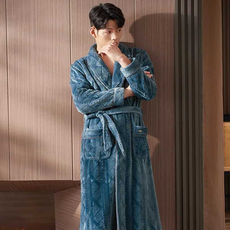 Mens Spwear Long Robes Winter Flannel Thick Terry Robe Mens Long Sve Kimono Warm Bathroom Home Wear Peignoir Mens Robe W241023