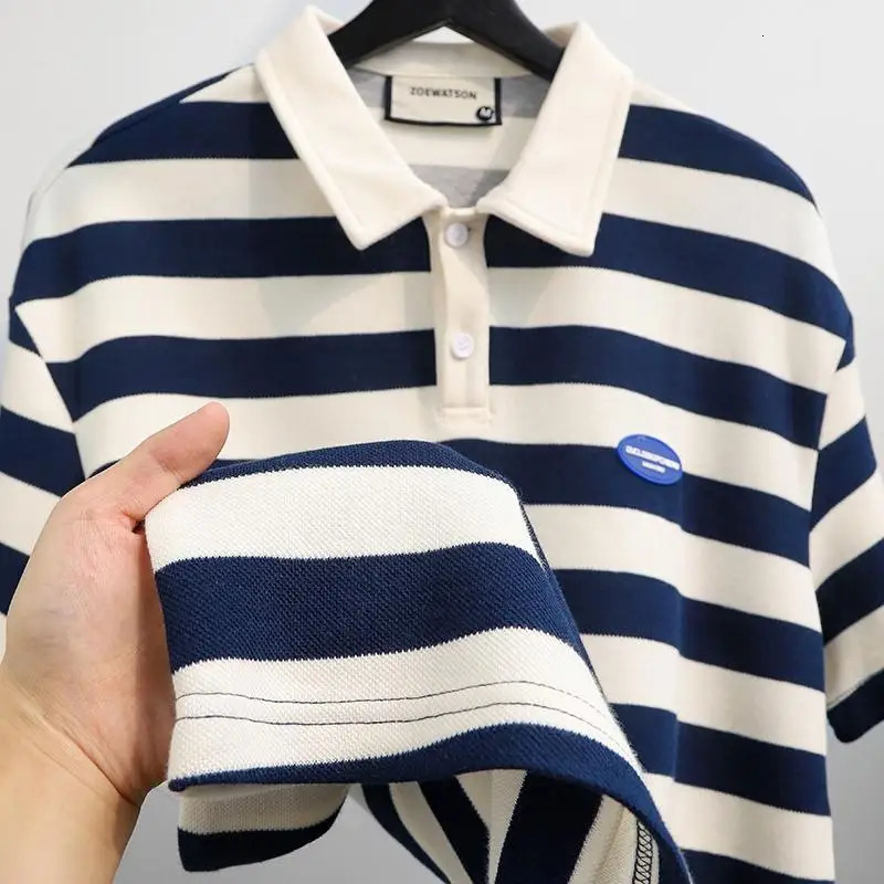 Summer Men Striped Short Sleeve Polo Shirts Preppy Style Streetwear Fashion Male Clothes Basic Casual Loose Versatile Tops 241010