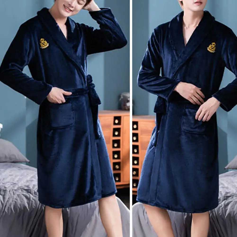 Long Sve pocket with embroidered printed flannel bathroom mens winter warm collar double-sided Fce evening gown W241023
