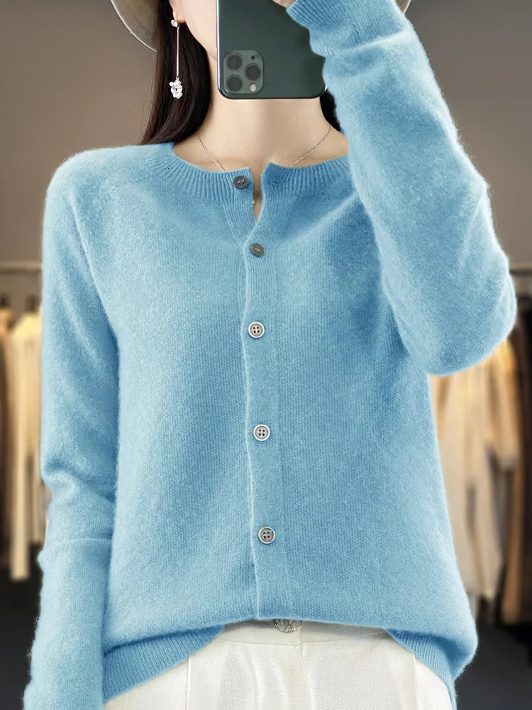 fashion spring womens O-neck elegant cardigan sweater 100% Merino wool solid cashmere knitted womens clothing Korean style top 241022