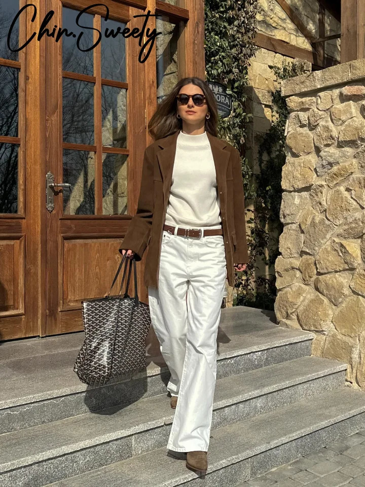 Retro artificial suede lapel jacket for women loose single chest pocket jacket autumn and winter casual womens jacket 241023