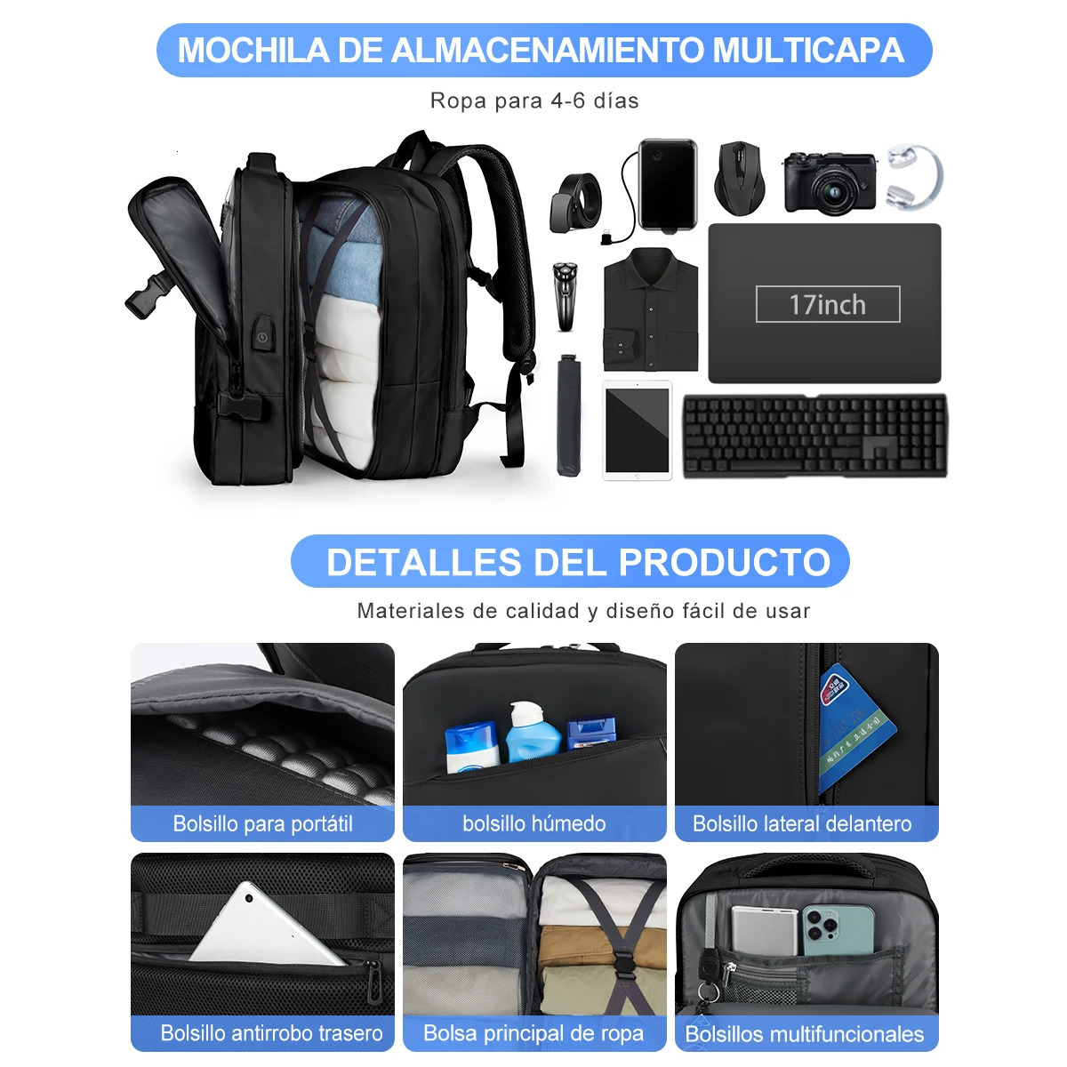 Mens Large Travel Backpack 40L Expandable Womens Backpack Handheld Waterproof Backpack with USB Outdoor Hiking Backpack 241023