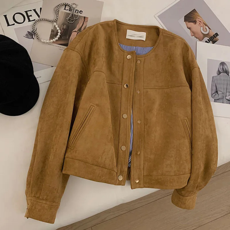 Suede short jacket womens Korean camel fashion long sleeved flight suit Harajuku single chest loose top womens retro jacket 241023