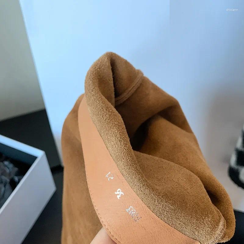 Boots Western Cowgirls Cool Shoes Woman Natural Suede Spring Autumn Botas Slip On Ladies Shoe Casual Style Wier Pleated