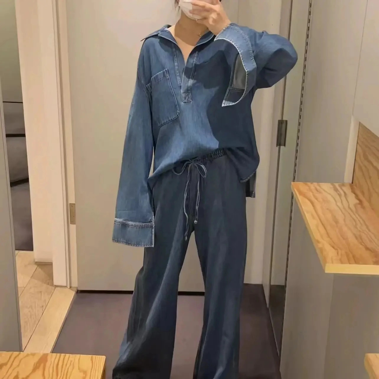 TRAF Womens Jeans Set 2-piece Blue Denim Trouser Womens Set Autumn Top Womens Pants Set 241023