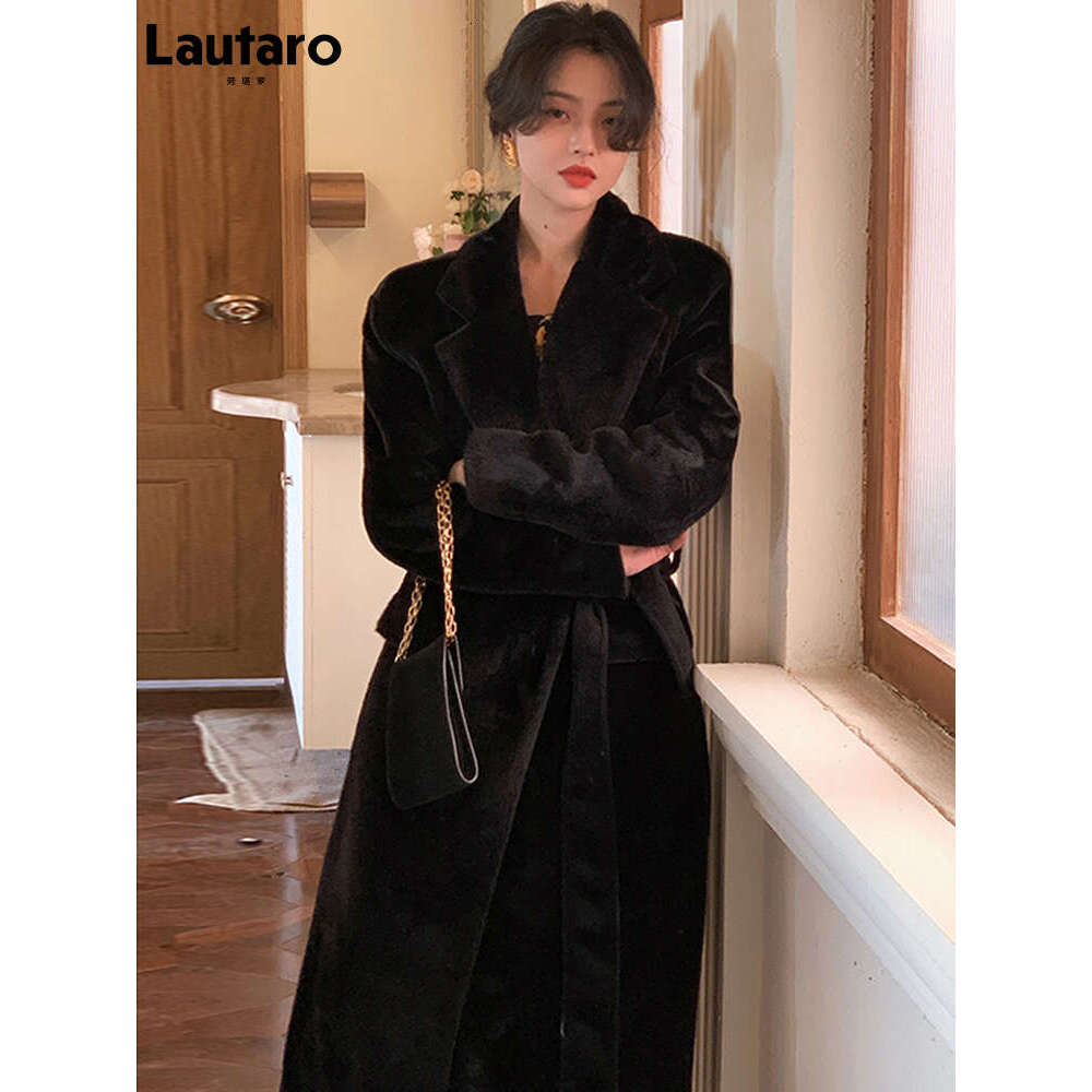 Lautaro Winter Oversized Black Soft Faux Fur Trench Coat For Women Long Sleeve Sashes Casual Stylish Korean Fashion