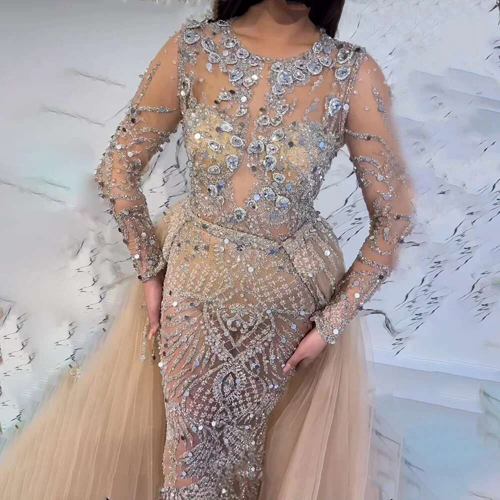Muslim Serene Hill Sier Nude Mermaid Gown With Detachable Overskirt Beaded Evening Dress For Women Party 2024