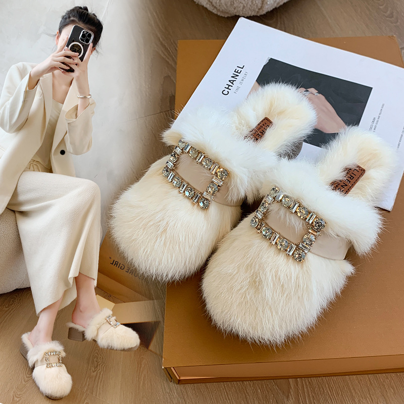 Autumn Winter Korean Version Rhinestone Square Buckle Thick Heel Plush High-heeled Slippers