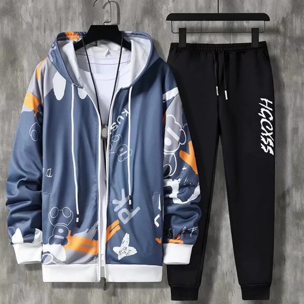 2 pieces/set of mens jackets pants hoodies letter printing drawstring loose jogging suit hip-hop shoulder strap mens sportswear 241023