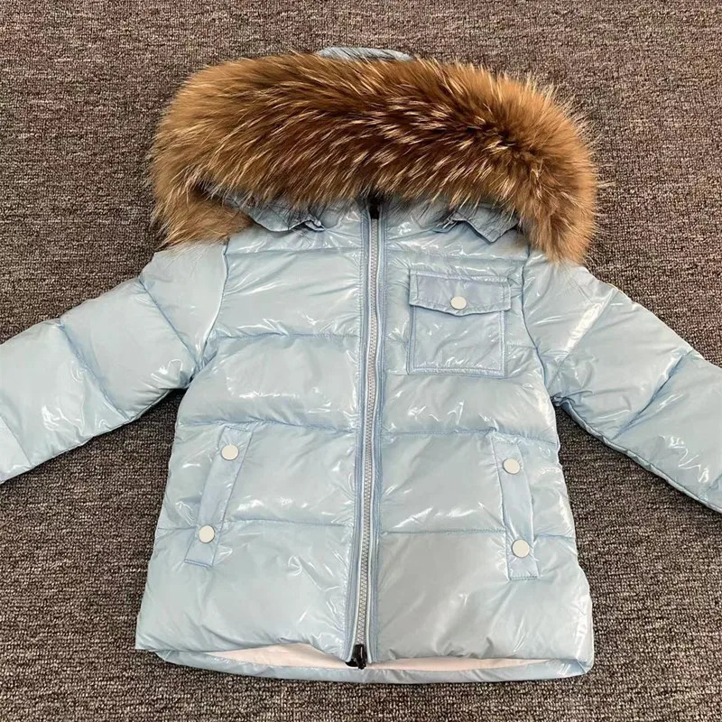Childrens Winter Down Jacket Shiny Natural Fur Collar Toddler Boys Hooded Coat Baby Girls Warm Snowsuit Kids Parkas 241022